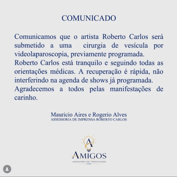 Equipe de Roberto Carlos anuncia cirurgia de vesícula do cantor e revela como ele está lidando com a situação 34 Ws6C0g2iSJoCTTr2ZW7msDSE74WePhCbwWcrcH4a