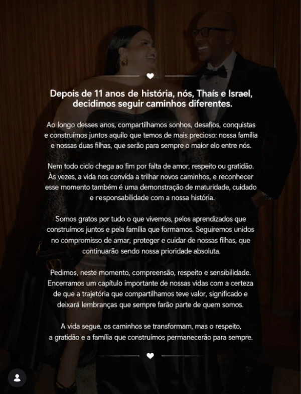 Thais Carla anuncia fim do casamento de 11 anos com Israel Reis e desabafa: ‘Nem todo ciclo chega ao fim’ 34 hKuWCKQyZOcUFIlzsB5dXuyAXtcEvLRXi55SKaov